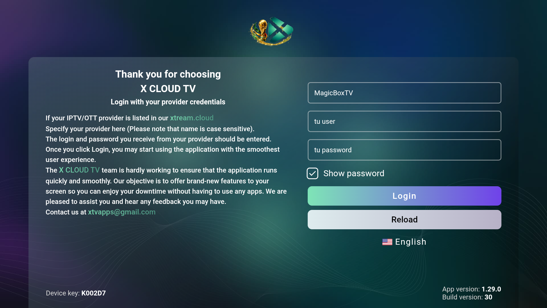 Pantalla de login de XcloudTV